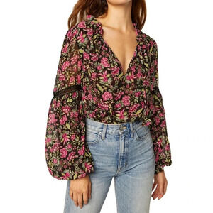 NWT $280 MISA Flora Fuschia Alicia Blouse Top - Chiffon Peasant Top Lace